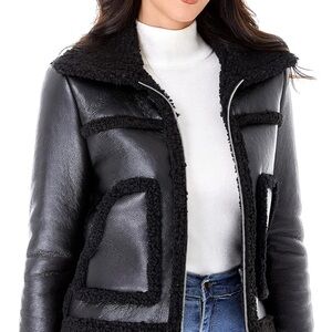 Diashiny Black Faux Shearling Trim Moto Jacket - Women's Coat